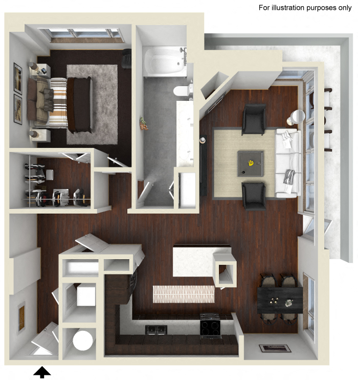 Floor plan for 1 bed, 1 bath, 982 sqft